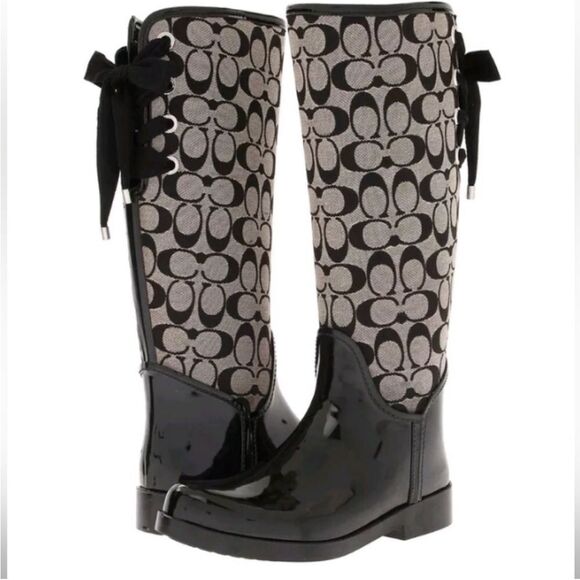 Coach Tristee Signature Logo Lace Up Back Rain Boots Black Size 7 - Picture 1 of 3